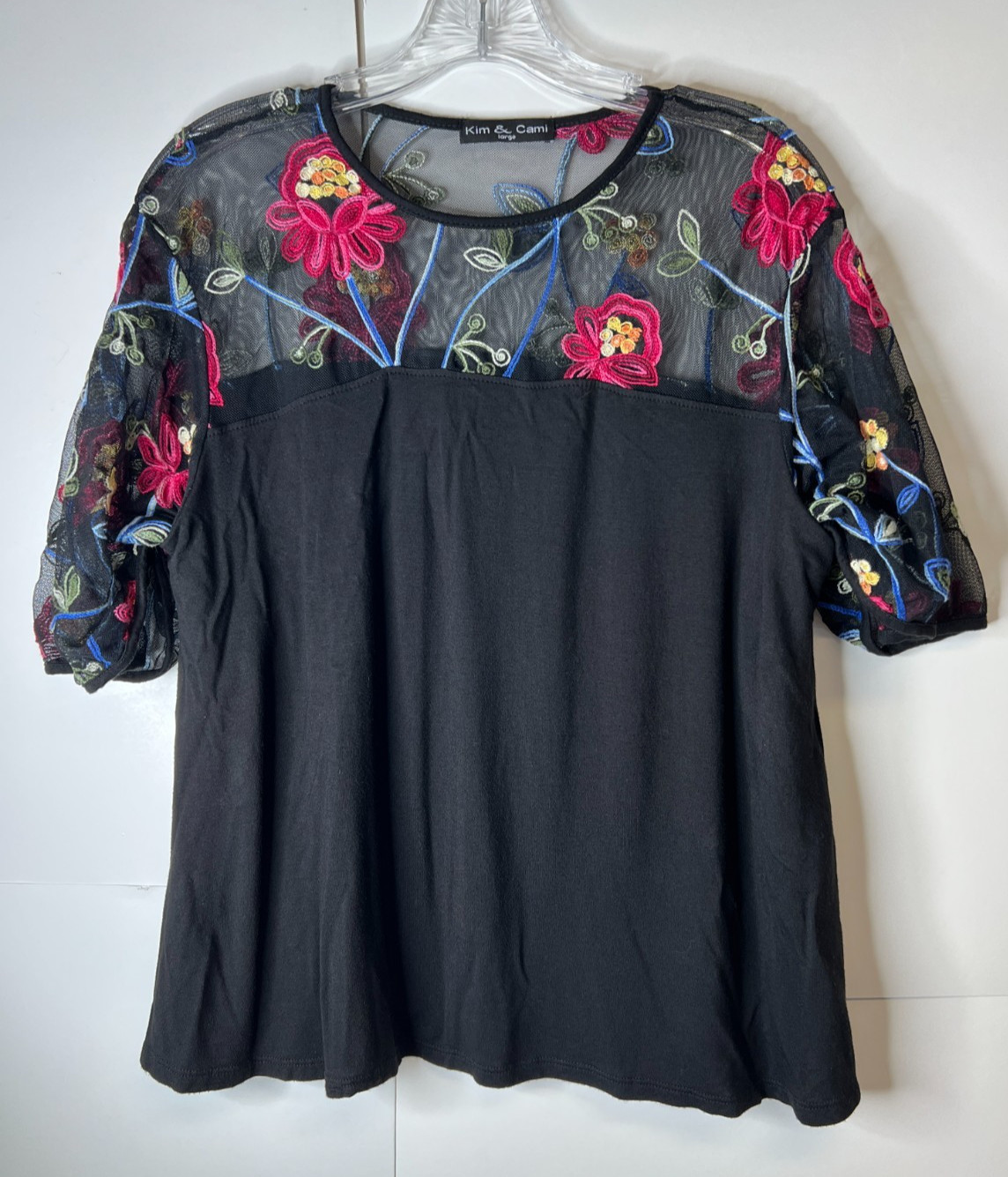 Kim & Cami Womens Large Blouse Black Short Bell Sleeve Floral Mesh Yoke BOHO Art