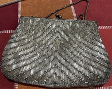 Vintage Evening Handbag Clutch Silver Metallic Beaded Snap Closure Hong Kong