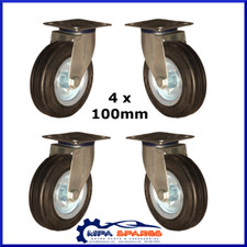 4 x 100mm HEAVY DUTY RUBBER CASTORS WITH SWIVEL PLATE - 100kg CAPACITY EACH