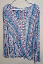 Style & Co Surplice Faux Wrap Top Bell Sleeve Geometric Design Size Large