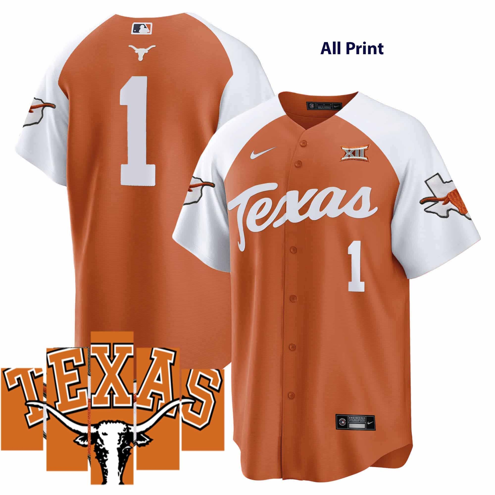 Texas Longhorns #1 Team Baseball Jersey with Custom Print Options