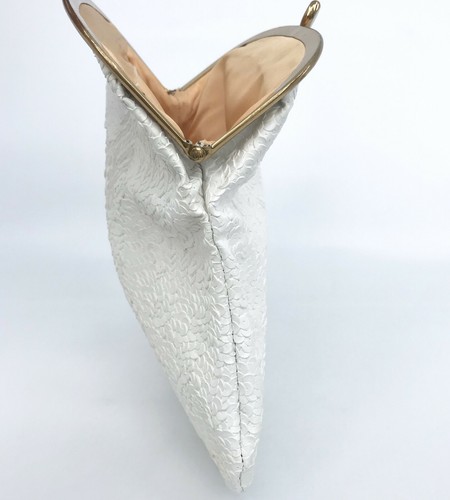 Fold Over Clutch 1970s Purse White Vinyl Sequins Grosgrain Lining Handbag Vtg - Picture 6 of 12