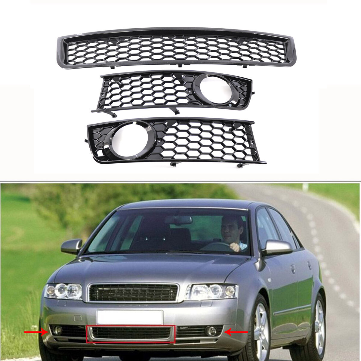 Honeycomb Front Lower Grille Fog Light Grill For Audi A4 B6 2002-05 Gloss Black