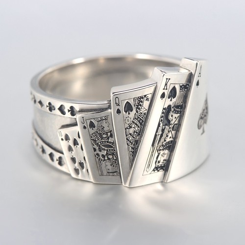 Spades Poker Texas Royal Flush Lucky Playing Cards Gamblers Sterling Silver Ring - Picture 2 of 5