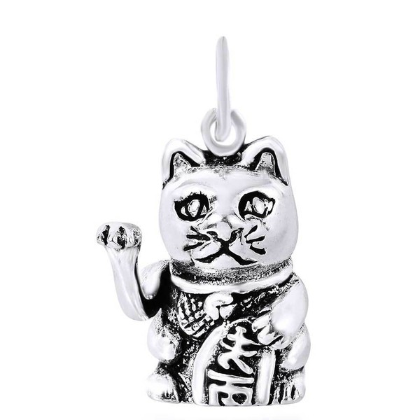 Alternate view of Fashion Maneki Neko Lucky Cat 14k White Gold Plated Silver Pendant Necklace