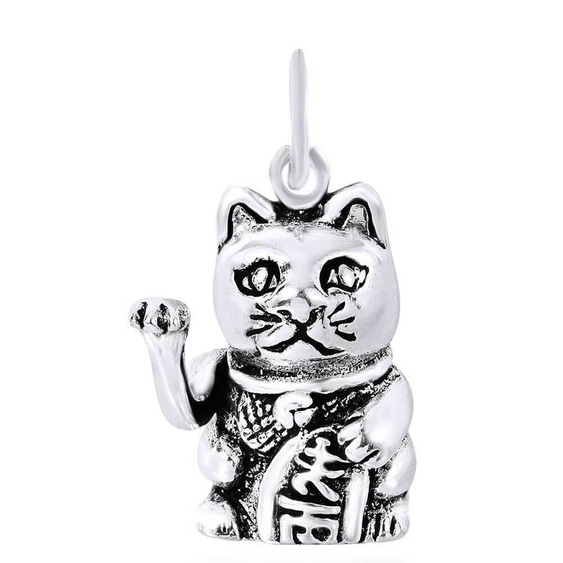 Fashion Maneki Neko Lucky Cat 14k White Gold Plated Silver Pendant Necklace - Product main view
