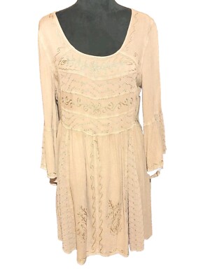 FRAZZLE TAUPE BEIGE LINED SEMI SHEER TUNIC DRESS EMBROIDERED SIZE MEDIUM  BOHO | eBay