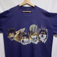 Vintage 90s Wolves Animal Nature Wolf T Shirt Size XL Navy Blue Single Stitch