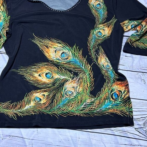 Valentina Peacock Feather Print Embellished Top Rhinestone Neckline Black M - Picture 4 of 6