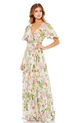 NWT Mac Duggal Floral Print Faux Wrap Flutter Sleeve A-Line Gown Size 12
