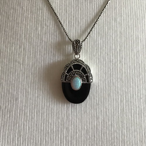 Antique style Art Deco Sterling Silver Marcasite Opal black Pendant Necklace - Picture 4 of 10