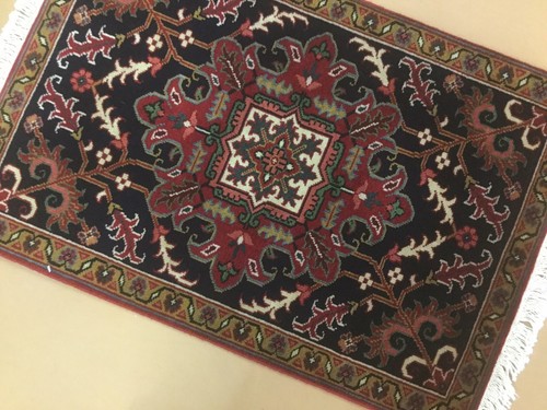 2'.0" X 3'.0" Navy Blue Rose Fine Geometric Oriental Area Rug Hand Knotted Wool - Picture 8 of 12