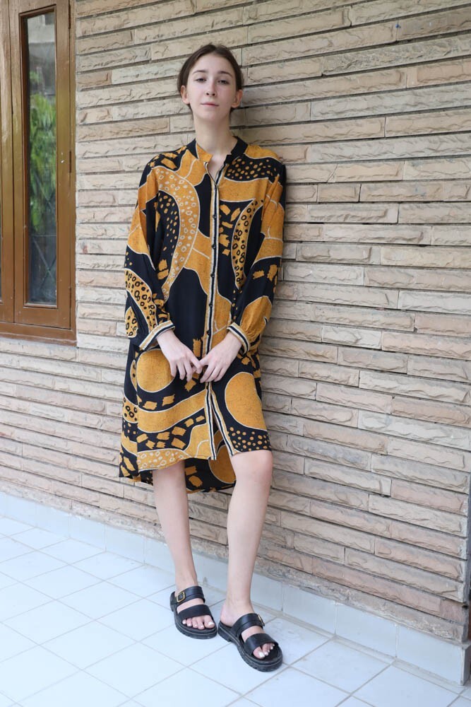 Crepe Silk Summer Tunic Dress Abstract Print Women Casual Flowy