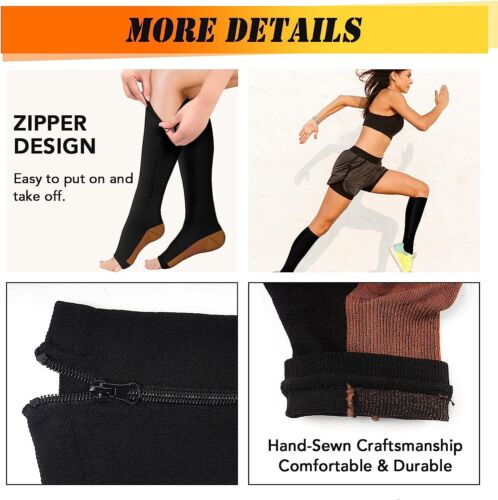 Zipper Compression Socks Stockings Women Men Knee High Medical 20-30 mmHG Open - Picture 8 of 21