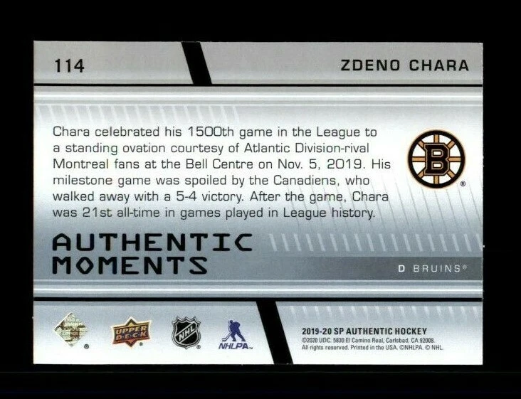 2019-20 SP Authentic #114 Zdeno Chara AM (ref 98490) - Image 2 of 2