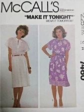Dress S 10 12 McCalls 7460 Sewing Pattern UC VTG Pullover Raglan Easy Fast Tie