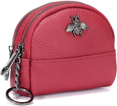Women Coin Purse Mini Pouch Leather Wallet with Keychain Ring(Rose Red)