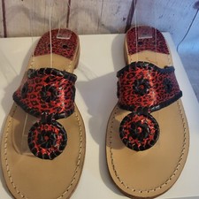 Jack Rogers "Navajo" Black/Red Leopard Print Leather Thong Sandals 8M Ret 128