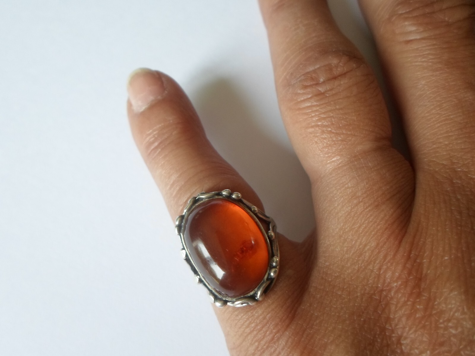 solid silver ring, amber cabochon, openwork outli… - image 2