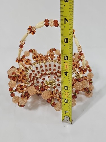 Vtg Handmade Beaded Safety Pin Basket & Doily Trivet Mat Brown Ivory Unique - Picture 11 of 16