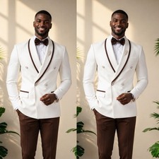 Men's Suits Double Breasted Formal Wedding Groom Tuxedos White Blazer Brown Pant