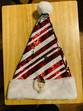 NEW Christmas Sequined Santa Hat w/ Handcrafted Artisan Woman's Face Brooch OOAK
