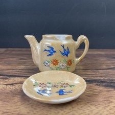 Vintage Porcelain Mini Tea Pot  Plate Made in Japan Flower  Bird Pattern