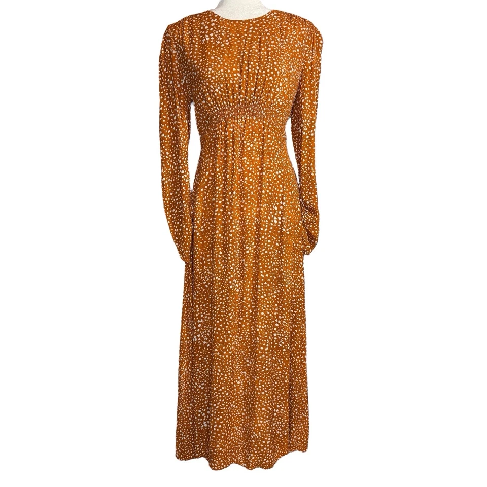 Vestido MNG By Mango Grande Pradera Té Manga Larga Abullonada Maxi Naranja Modesto Cerradura Foto 3 de 4