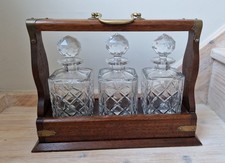 Gorgeous Simple Design Oak Brass Three Bottle Tantalus  Decanter Set no key