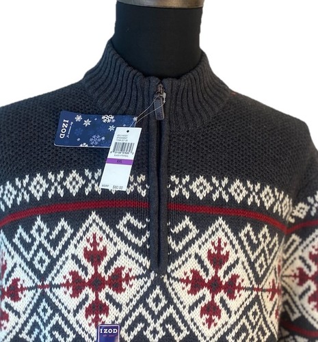 IZOD Fair Isle Sweater Mens 2XL Gray 1/4 Zip Heavy Knit Cotton NEW - Picture 7 of 13