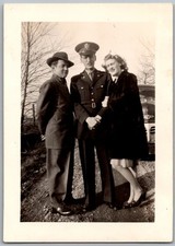 Vtg Snapshot WWII Soldier in Uniform With Couple By Car 1940s