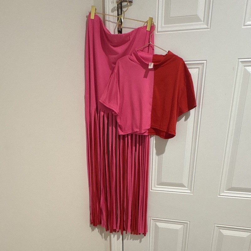 Belita Collection Pink/Red Colorblock 2pc Set M Cowl Neck Top & Pleated Skirt