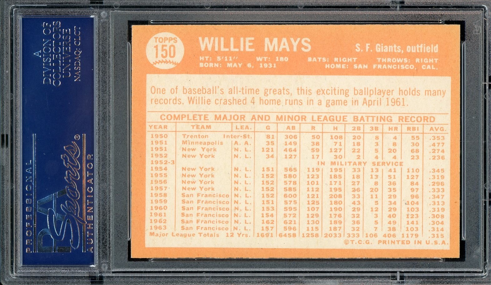 1964 TOPPS #150 WILLIE MAYS PSA 6 NICE CARD CRISP IMAGE view 2