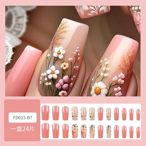 24Pcs Square Press on Nails Medium Length Fake Nails Flower Glue on Nails - Picture 2 of 7