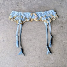 Vintage 2000s Victoria's Secret Blue Mesh Gold Sequin Beaded Garter Belt medium
