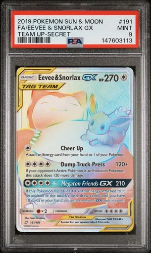 2019 POKEMON SUN & MOON TEAM UP SECRET #191 FULL ART/EEVEE & SNORLAX GX PSA 9