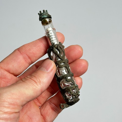 Vintage Shin / Shaddai Glass Tube Mezuzah, Crown Finial, Metal Holder w/ Scroll