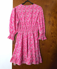 Womens Pink Floral Fit & Flare Dress V-Neck 3/4 Puff Sleeve Smocked, Size L