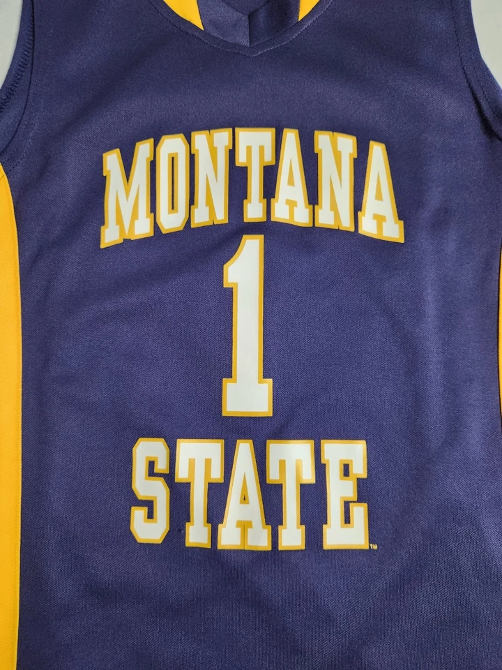 Camiseta deportiva de baloncesto de colección Montana State Bobcats NCAA #1 para hombre talla pequeña azul amarillo Foto 3 de 4