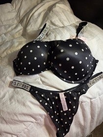 Victoria's Secret Bling Bombshell Set 36c Bra And Thong Med Black White Polka...