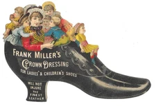 Victorian Trade Card LARGE Frank Miller's Crown Dressing Die Cut Lady Kids Shoes