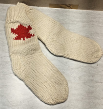 Hand Knit Wool Socks White with Canadian Maple Leaf 100 Wool Warm Winter Large