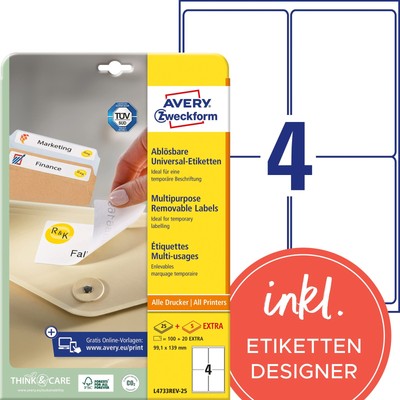 Avery Zweckform L4733REV-25 Universal Labels 25 Sheets / 100 Labels / 99.1 x 139