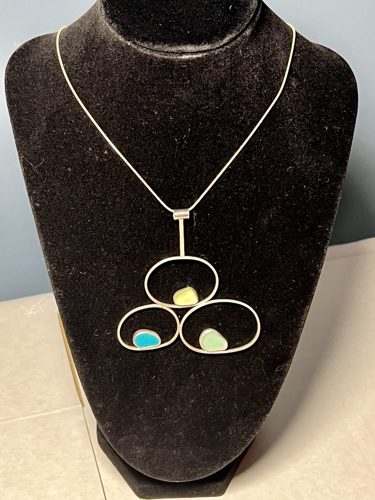 Silver Toned Statement Necklace Three Circles Wit… - image 1