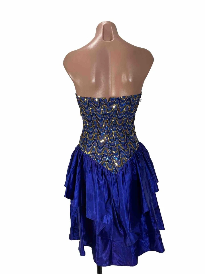 VESTIDO de fiesta vintage de satén con lentejuelas iridiscentes doradas azules de los 80 talla 8 Foto 2 de 4