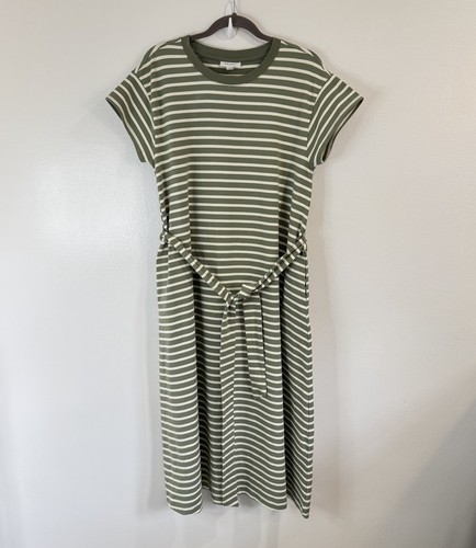 On 34th Midi T-Shirt Kleid L Bindeband Taille A-Linie gestreift grün weiß Stretch