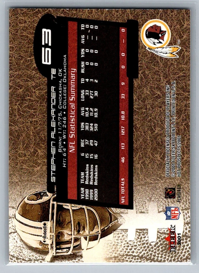 2001 Fleer Hot Prospects #63 Stephen Alexander Washington Redskins E67 - Image 2 of 2