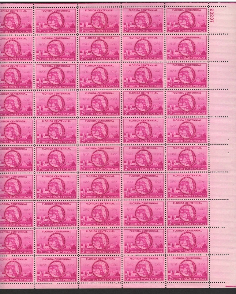 USA #927 - 1945 Full Sheet of 50 Stamps Pl 23237 "Florida Centennial" 3¢ VF MNH* - Image 2 of 4