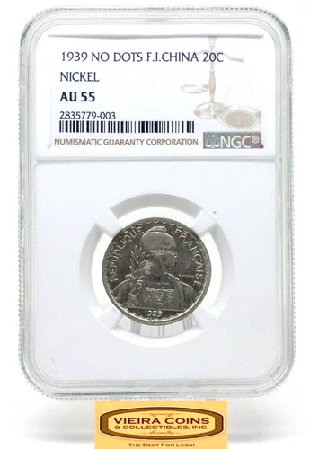 1939 NO DOTS French Indo-China 20 Cents, NGC AU55 Nickel  - #CONS25668