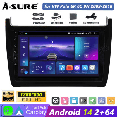 64GB Android 14 Autoradio Carplay BT 5.0 GPS Navi für VW Polo 6R 6C V 2009-2018